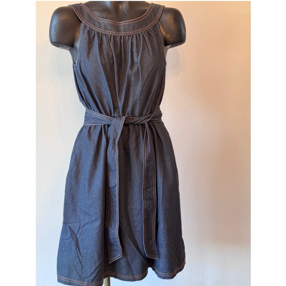 Womens Blue Denim Chambray Sleeveless Belted Fit & Flare Dress Sz 10 Halter Boho